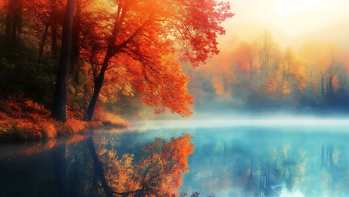 Autumn forest shoreline mirrored on calm misty lake surface.