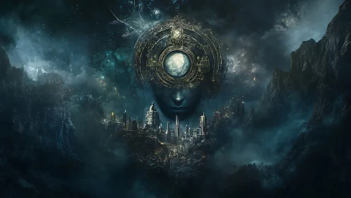 Central celestial head structure dominates a dense cityscape