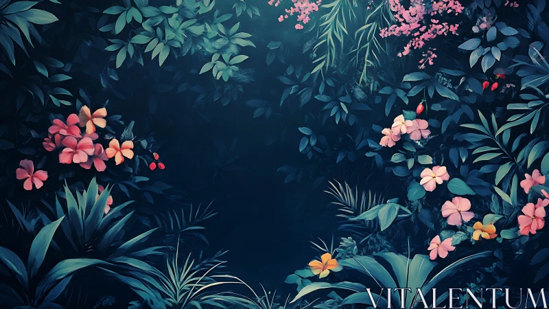 Botanical composition with flora layered against dark background