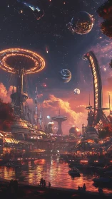 Starlit riverport beneath glowing orbital rings at dusk.