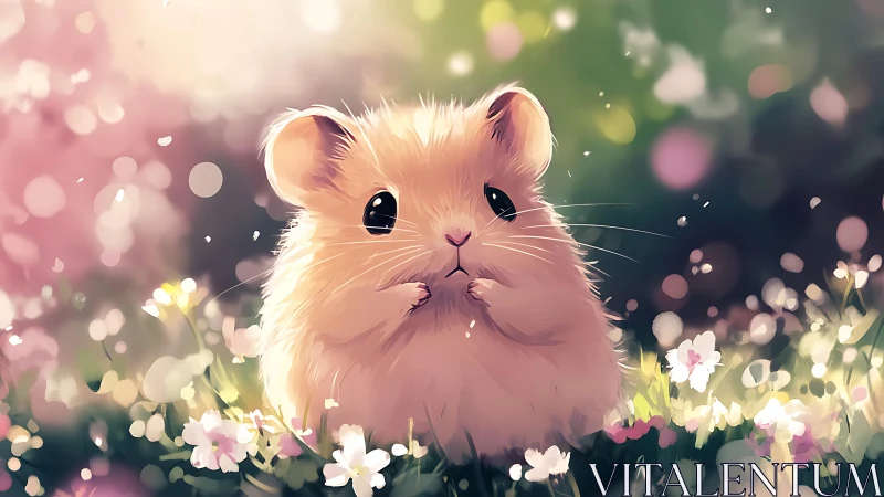 Soft-focus digital hamster portrait in luminous floral bokeh