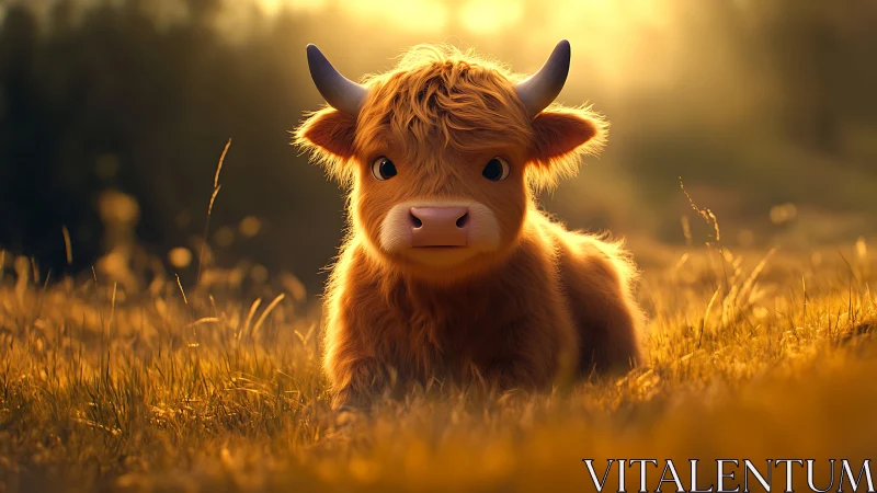 Golden light bathes fluffy calf in soft meadow glow.