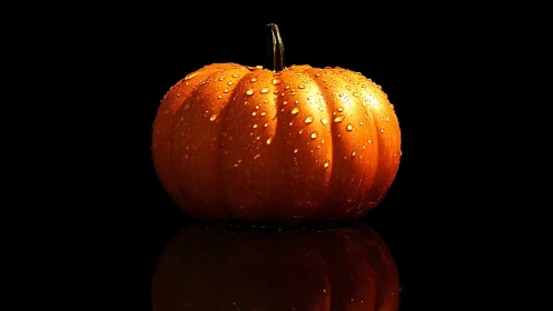 Orange pumpkin with water droplets on glossy black surface.