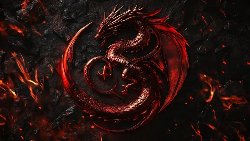 Coiled red dragon emblem against black textured background.
