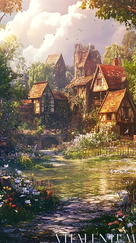 Sunlit river hamlet wrapped in wildflower enchantment.