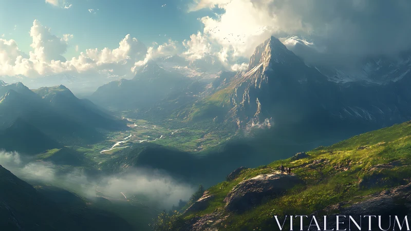 Sunlit valley unfurls beneath a towering emerald peak.
