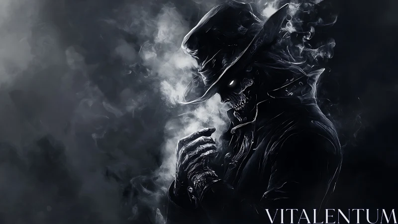 Sinister skeletal gunslinger in swirling monochrome smoke.