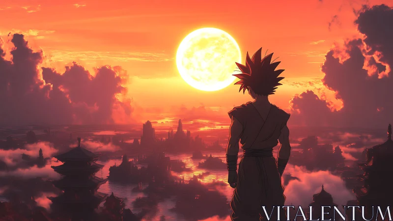 Anime warrior surveys glowing sun over misty cityscape.