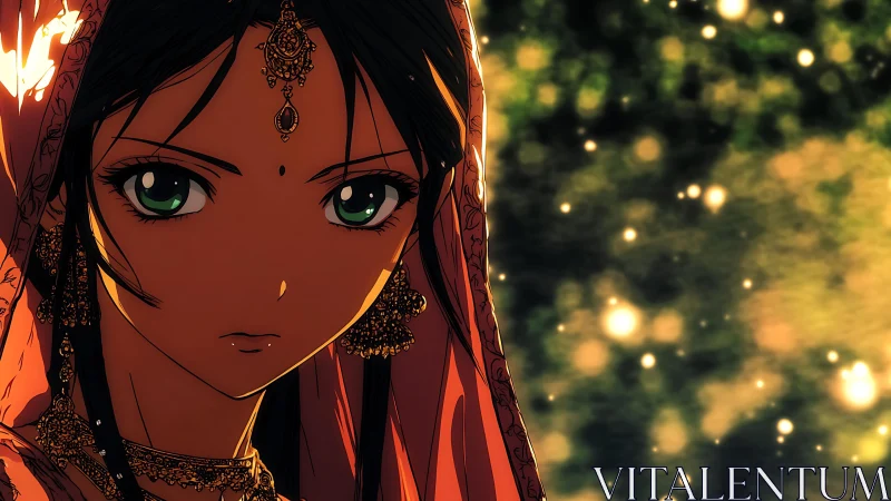 Regal anime portrait under jeweled veil with bokeh lights.