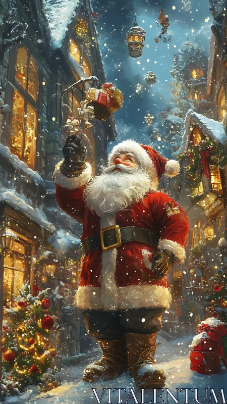 Santa pauses in a glowing snowlit street of Christmas joy.
