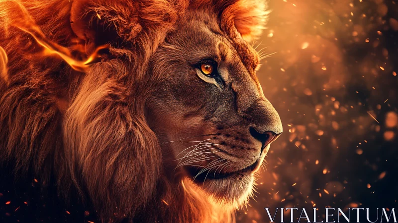 High contrast lion portrait with volumetric sparks and rim lighting