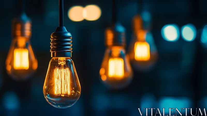 Warm Edison bulbs glowing softly in a deep blue hush.