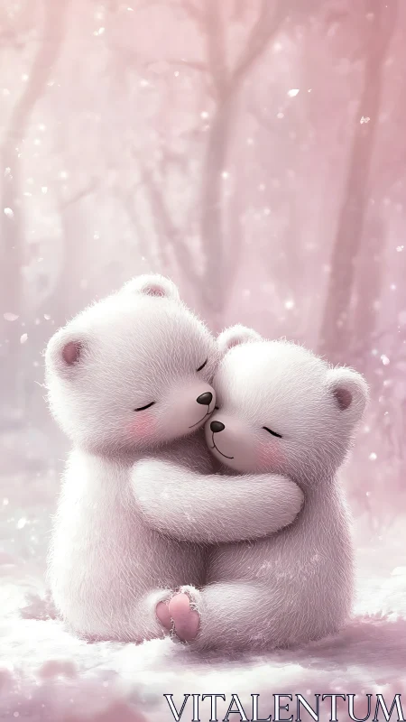 Two adorable polar bears hugging in snowy pink forest.