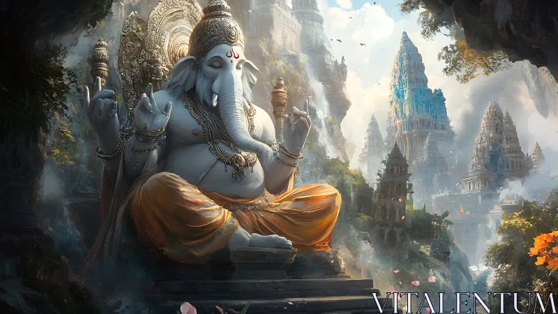 Serene Ganesha statue amid towering temple landscape.