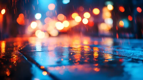 Rainy city street surface with vivid night light reflections.