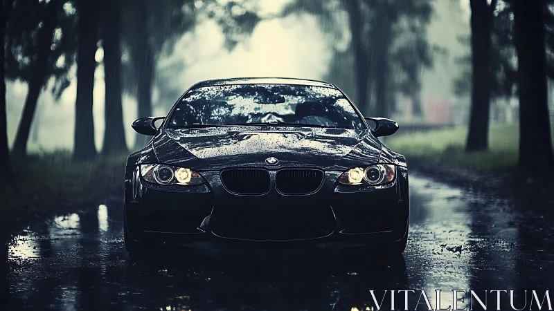 Midnight black BMW coupe on rain-soaked forest road.
