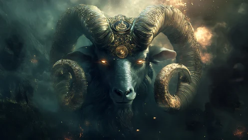 Mythic ram deity with glowing eyes in stormy abyss.