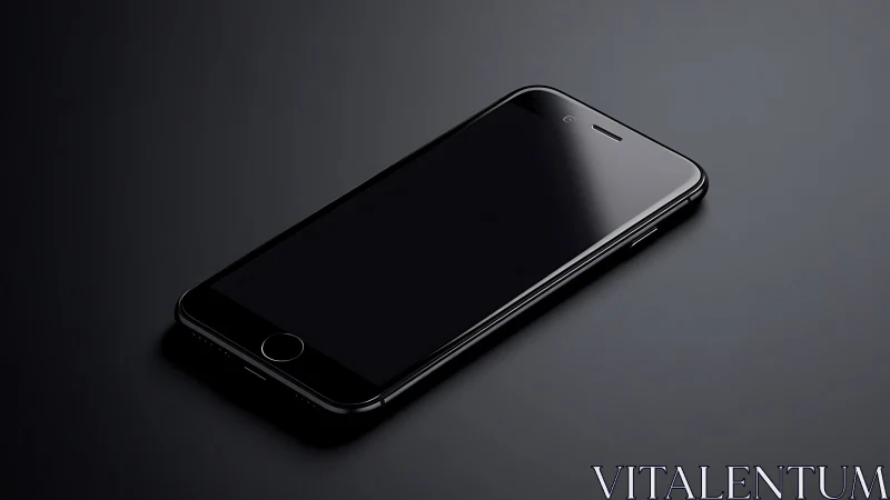 Black smartphone on gray surface, isometric perspective view