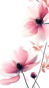 Pink cosmos flowers with dark stamens on white background.