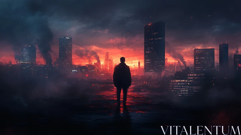 Lone wanderer watches a burning neon skyline at duskfall.