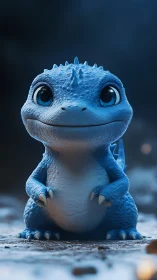 Stylized blue baby dragon character in dim outdoor setting.