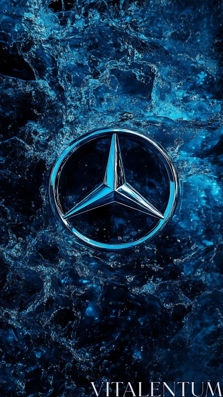 Mercedes star emblem gleams amid splashing electric blue water.