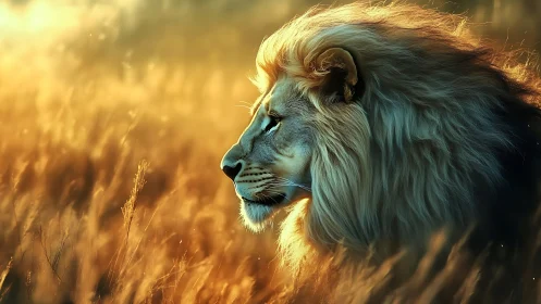 Golden light lion profile in glowing savanna grassland.