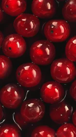 Glossy red cranberries rest tightly packed in dark liquid