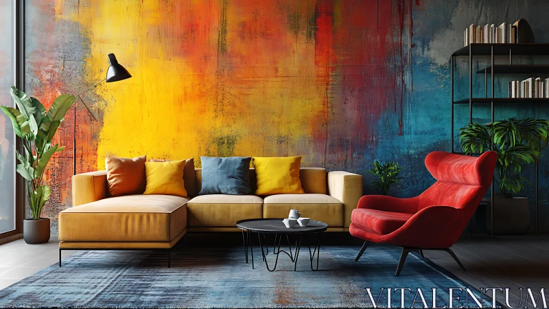 Modern living room with bold abstract wall mural and seating.