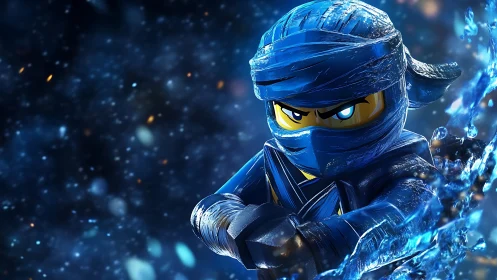 Blue plastic ninja slices through swirling cosmic spray