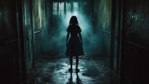 Silhouetted girl in misted decaying hallway at nightfall.