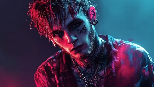 Neon-drenched emo rebel bathed in electric blue and crimson.