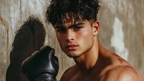 Male athlete positioned against concrete surface wearing boxing gloves