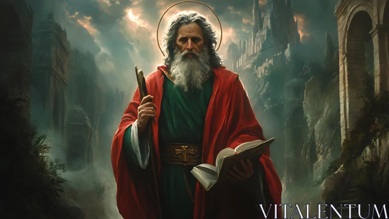 Elderly sage reads scripture amid misty ruined citadel