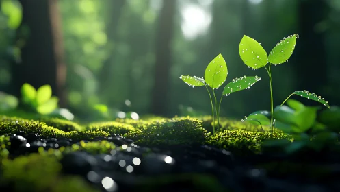 Dewdrop Saplings Emerging Through Emerald Moss.
