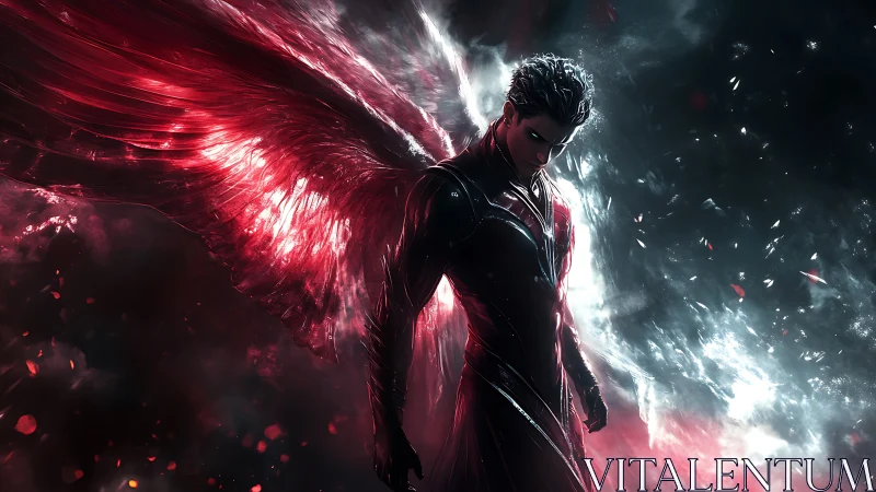 Fierce winged warrior stands in swirling red and silver light