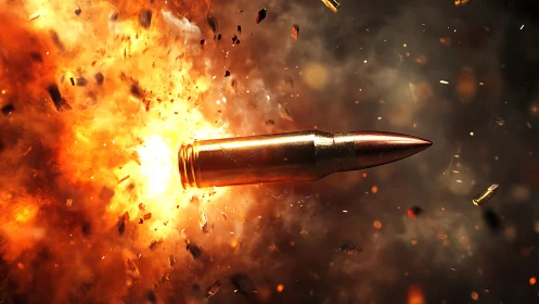 High-velocity bullet ripping through fiery explosion in air.