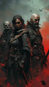 Dark robed warriors with skull companion in red mist.