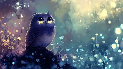 Whimsical Owl in a Dreamy Night Meadow, Digital Fantasy Art.