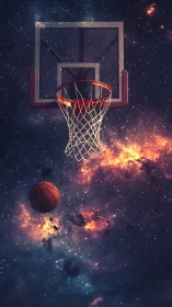 Galactic basketball hoop hangs above glowing nebula court.