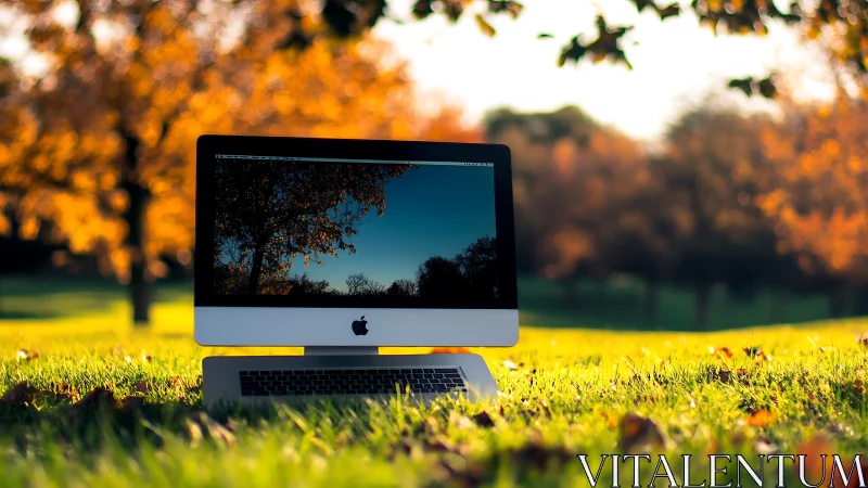 Desktop display in autumn park with mirrorlike screen reflection.