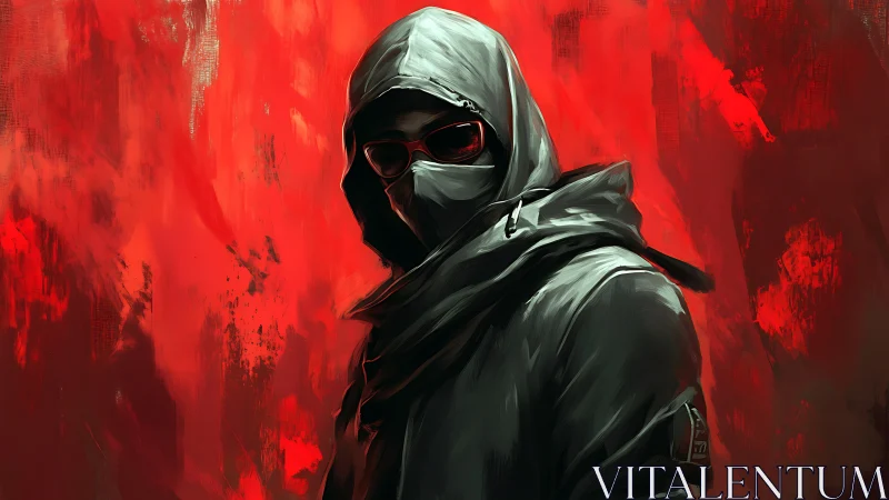 Hooded shadow carves silence into a storm of red light