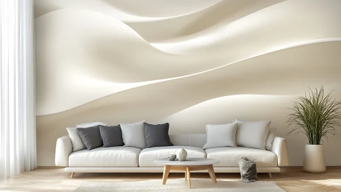 Serene white living room showcases sculpted wave wall art