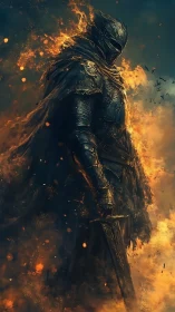 Armored figure standing amid rising flames and smoke.