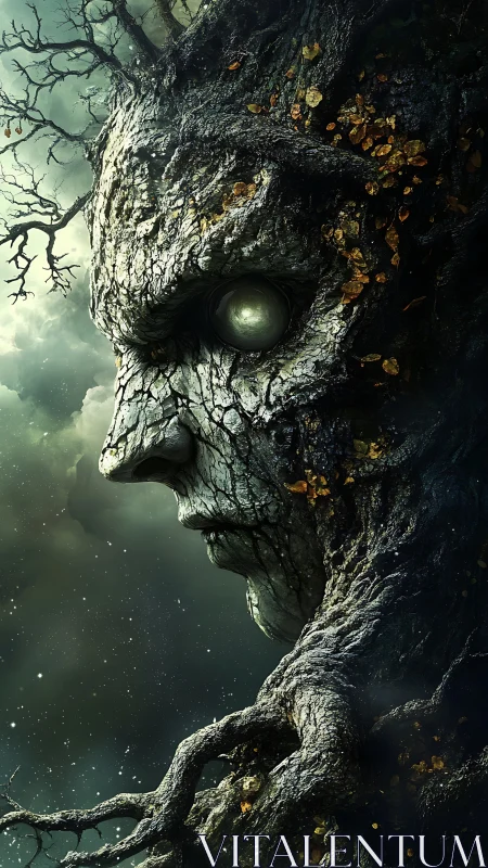 Ancient arboreal guardian portrait in moody green nebula.