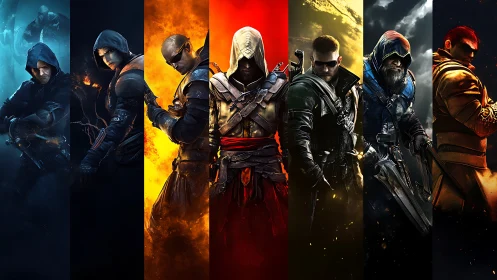 Hooded warriors aligned in elemental neon battle spectrum.