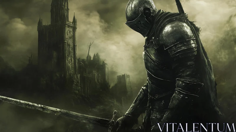 Armored knight silhouetted before ruined gothic fortress