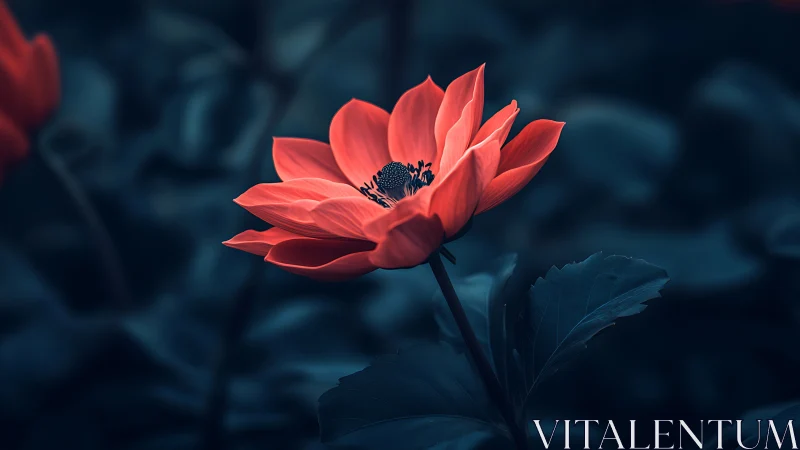 Coral flower in dramatic chiaroscuro against deep teal bokeh with selective focus