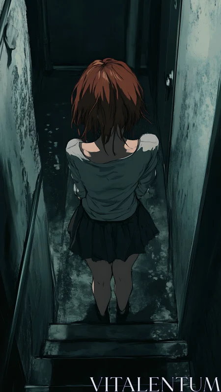 Solitary girl on narrow concrete stairwell, overhead perspective