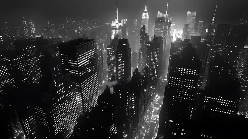 Noir high-rise skyline in dense fog with luminous grid windows